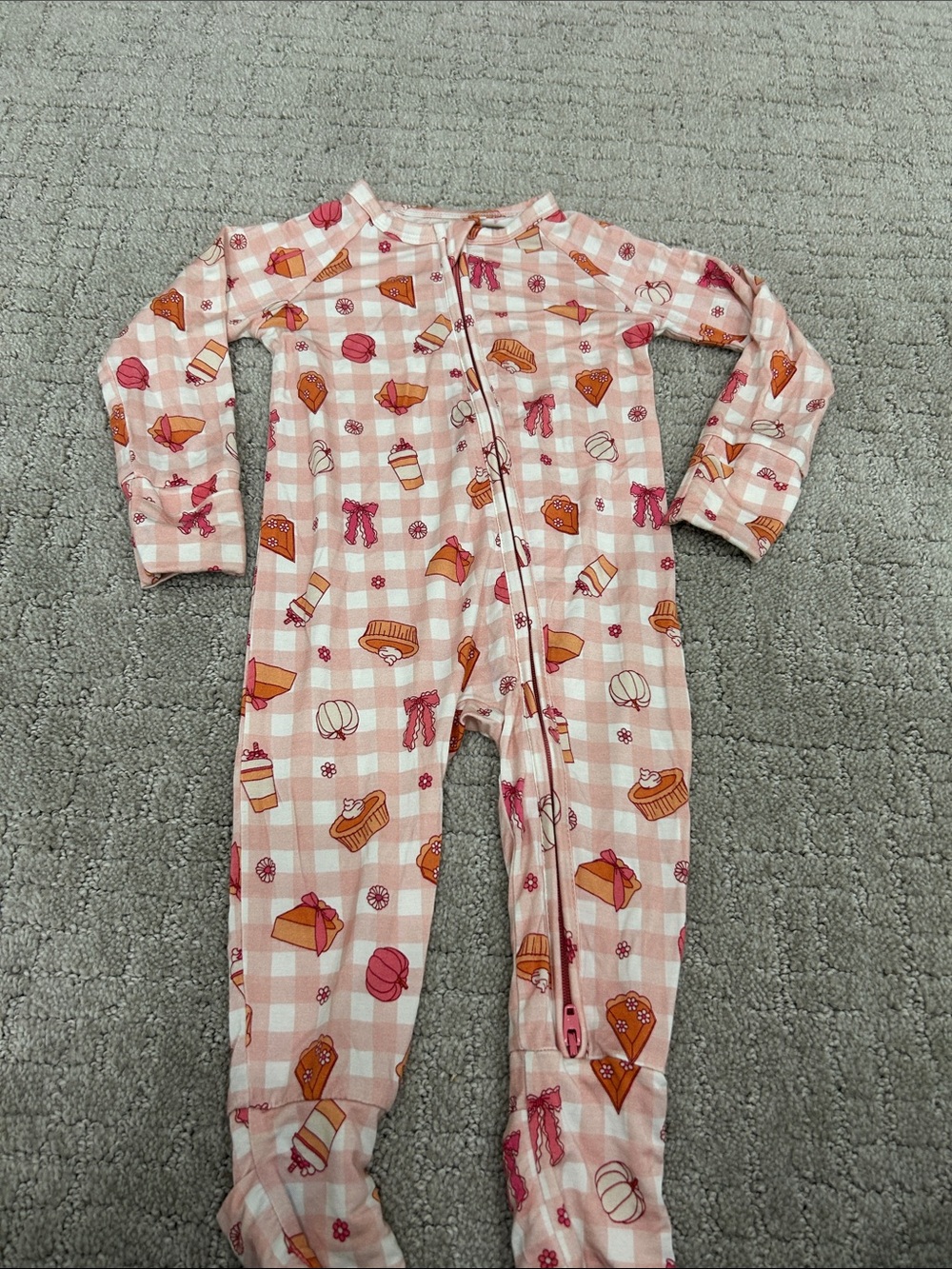 Girls Pink Gingham Dessert-Print Footed One-Piece Pajamas